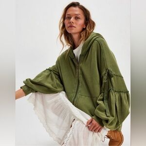 Free People Bow Girl Hoodie Sweatshirt in Fir Green~Oversized Boho~Size Lg ~ NWT